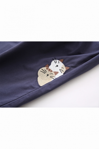 Drawstring Waist Lovely Cartoon Cat Embroidered Loose Fit Straight Pants