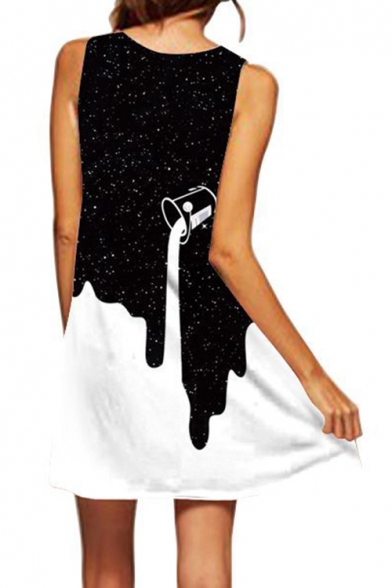 Fashion 3D Dropped Milk Printed Round Neck Black Mini Swing Tank Dress for Women