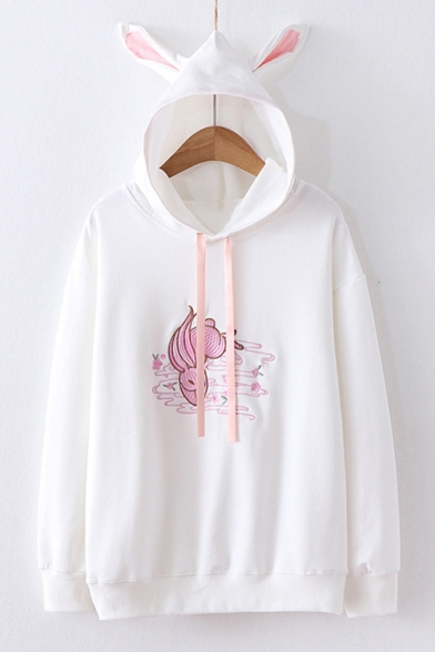 Fashion Rabbit Floral Embroidered Loose Casual Drawstring Hoodie
