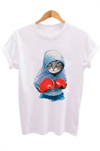 Funny Cartoon Boxing Cat Printed Round Neck Short Sleeve White Casual Tee