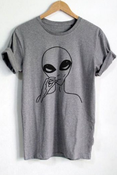 Funny Smoking Alien Printed Round Neck Short Sleeve Grey Streetwear T-Shirt