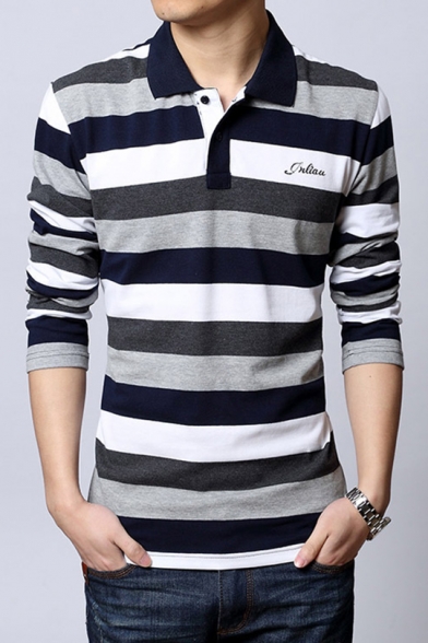 Men's Simple Letter Embroidered Classic Striped Cotton Long Sleeve Polo