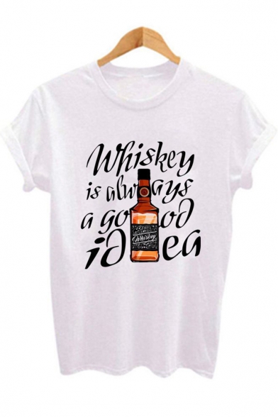 New Trendy Whiskey Letter Print Basic Casual White T-Shirt