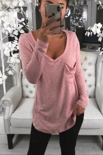 Sexy V-Neck Long Sleeve One Pocket Chest Plain Loose Hipster Casual T-Shirt