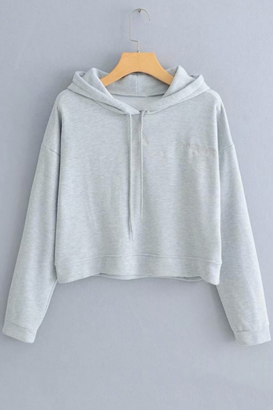 Simple Letter Embroidered Chest Long Sleeve Cropped Loose Drawstring Hoodie