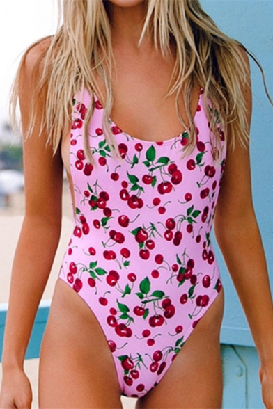 Summer Cute Cherry Pattern Scoop Neck Sleeveless Slim One-Piece Swimsuit