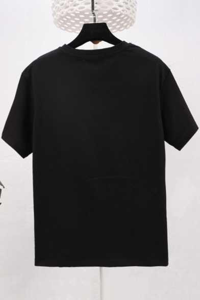 Summer New Fashion Cartoon Animal Letter Embroidered Short Sleeve Black T-Shirt