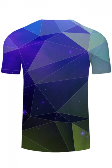 Trendy 3D Blue Geometric Printed Short Sleeve Basic T-Shirt