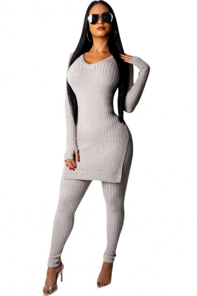 V-Neck Long Sleeve Split Side Sweater Skinny Stretch Pants Plain Slim Fit Set for Women