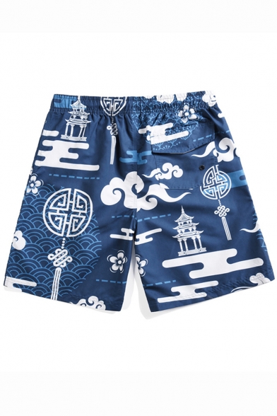 Chinese Style Cloud Printed Drawstring Waist Quick-Dry Flap Pocket Back Blue Swim Shorts