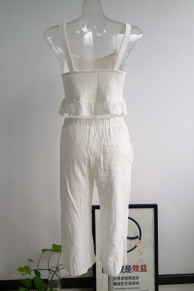 Fashion Ruffled Cropped Cami Top Drawstring Waist Wide-Leg Pants Solid Color White Set for Women