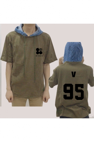 Kpop Fashion Denim Patched Short Sleeve Drawstring Hooded T-Shirt in Army Green