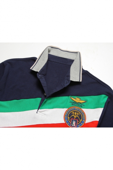 Men's Fashion Colorblocked Turn-Down Collar Short Sleeve Cotton Logo Polo