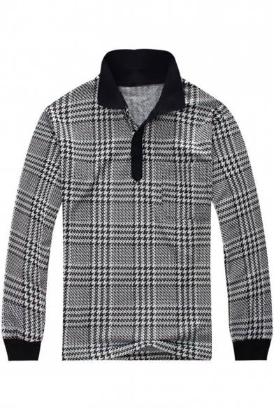 Men's New Trendy Check Printed Contrast Trim Loose Fit Cotton Black Long Sleeve Polo