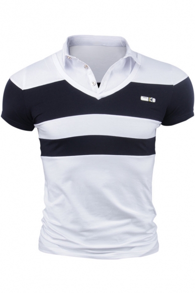 Men's Summer Casual Fashion Patched Shirt Collar Striped Short Sleeve Polo Shirt