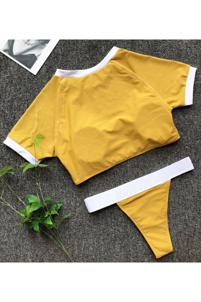 New Stylish Patchwork Crewneck Short Sleeve Cropped Top High Waist Bottom Sport Swimwear