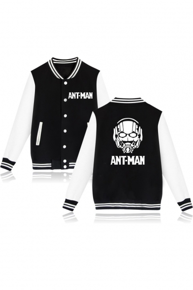 Popular Printed Color Block Long Sleeve Stand Collar Button Front Baseball Jacket