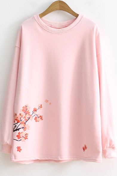Simple Floral Printed Crewneck Long Sleeve Loose Casual Pullover Sweatshirt