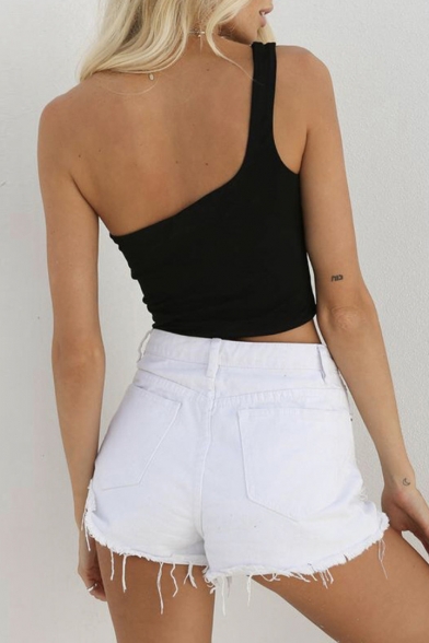 Summer New Trendy Sexy One Shoulder Simple Plain Cropped Tank Top for Women
