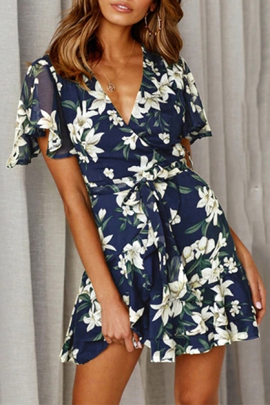 Summer Retro Floral Pattern Short Sleeve V-Neck Tied Waist Mini A-Line Dress