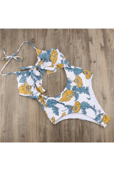 Summer White Floral Pattern Halter Neck Bow-Tied Front One-Piece Swimwear