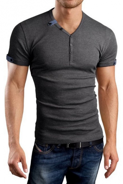 Unique Button Embellished V-Neck Short Sleeve Slim Fit Cotton Henley T-Shirt for Men