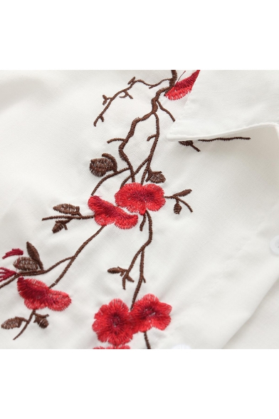 Fancy Floral Embroidered Short Sleeve Tied Waist Button Down White Linen Shirt