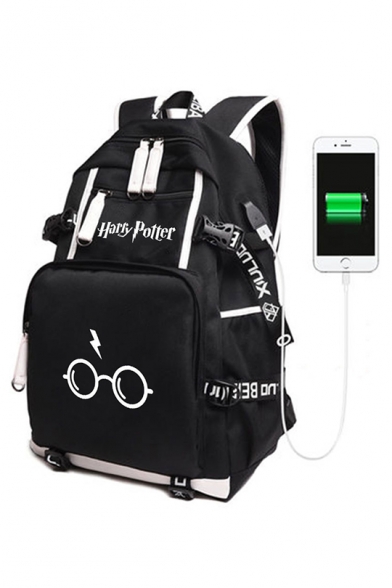 Fashion Harry Potter Eyeglasses Printed Creative USB Charging Black Traveling Backpack 30*14*46cm