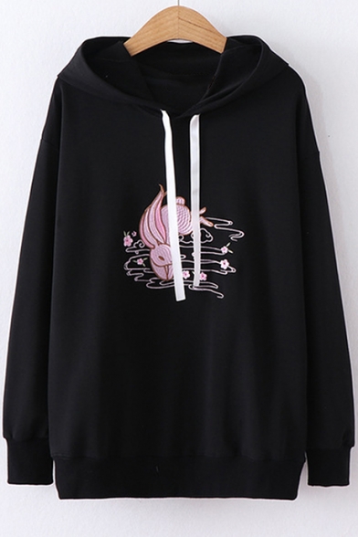 Fashion Rabbit Floral Embroidered Loose Casual Drawstring Hoodie
