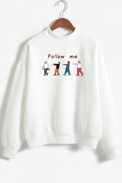 Funny Cartoon Character Letter FOLLOW ME Printed Mock Neck Long Sleeve Pullover Sweatshirt