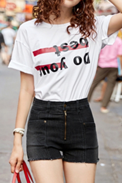 Funny Reverse Letter DO YOUR BEST Print Basic Round Neck Loose Fit White T-Shirt