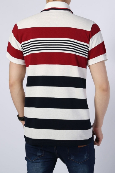 Men New Trendy Red Striped Print Short Sleeve Classic-Fit Polo Shirt