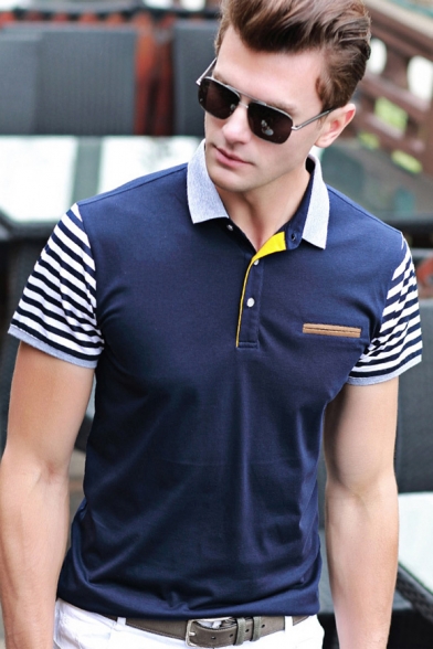 Men's Fashion Colorblocked Stripe Short Sleeve Summer Casual Polo Shirt