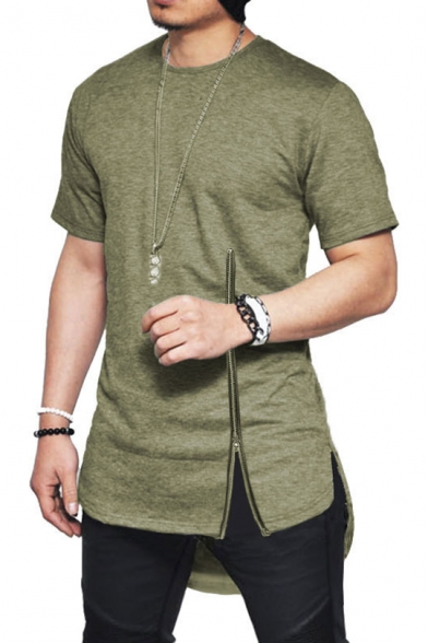 Men's Simple Plain Unique Zip Closure Side Dipped Hem Cotton Longline T-Shirt
