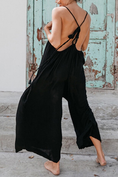 New Stylish Simple Plain Open Back Casual Loose Cami Black Jumpsuits