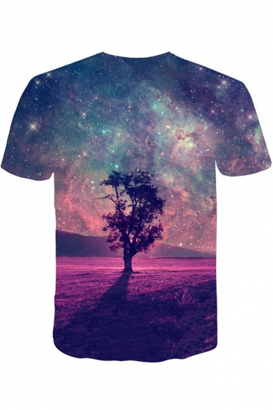 Purple 3D Galaxy Big Tree Print Short Sleeve Basic T-Shirt