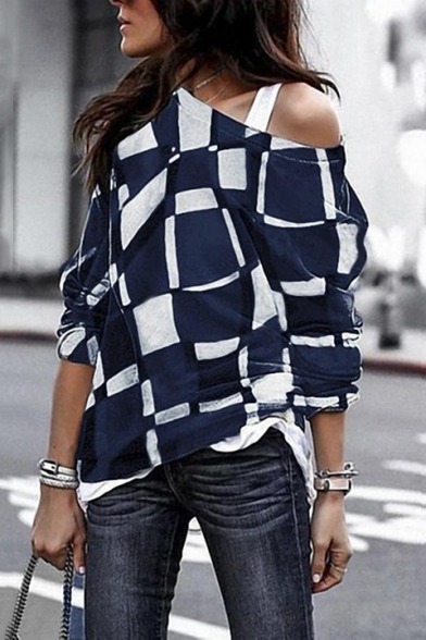 

Sexy One Shoulder Classic Plaid Print Long Sleeve Loose Fit T-Shirt for Women, Black;green;royal blue;purple, LM505975