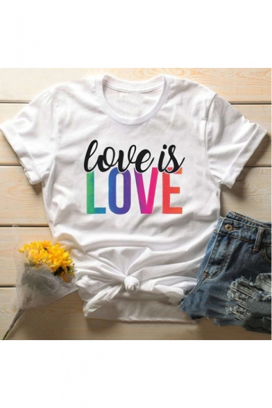 Simple Letter LOVE IS LOVE Printed Basic Short Sleeve Round Neck White T-Shirt