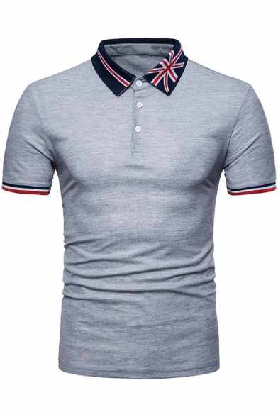 Summer Unique Flag Print Collar Stripe Trim Short Sleeve Slim Fit Polo Shirt