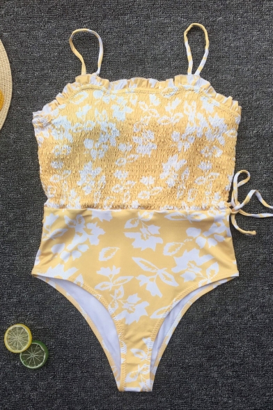 Summer Yellow Floral Printed Drawstring Waist Ruffle Trim One-Piece Swimwear