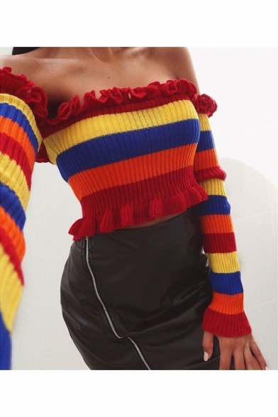 Trendy Ruffle Hem Off the Shoulder Long Sleeve Colorful Striped Cropped Red Sweater
