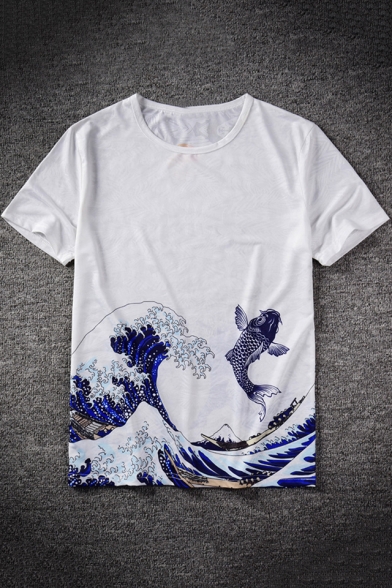 Ukiyo-e Wave Carp Print Short Sleeve Summer Casual Relaxed White T-Shirt