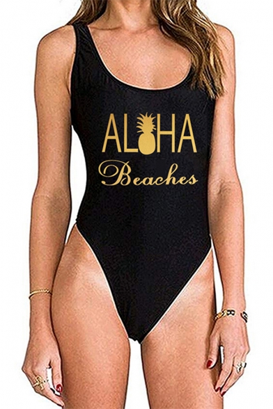 Unique Pineapple Letter ALOHA BEACHES Printed Scoop Neck Slim One Piece Swimsuit for Women
