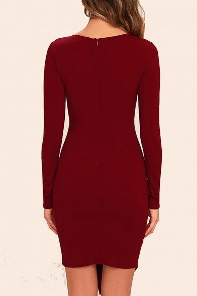 Women's Fashion V-Neck Long Sleeve Slant Cut Bottom Solid Color Ruched Mini Bodycon Dress