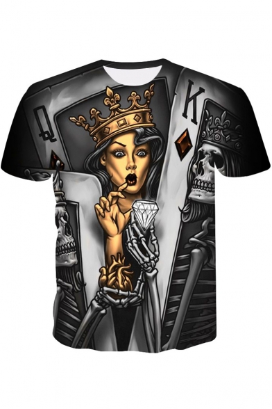 3D Poker Skull Crown Lady Print Grey Loose Fit T-Shirt
