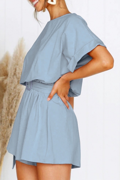 Basic Plain Round Neck Short Sleeve Tied Waist Casual Loose Rompers