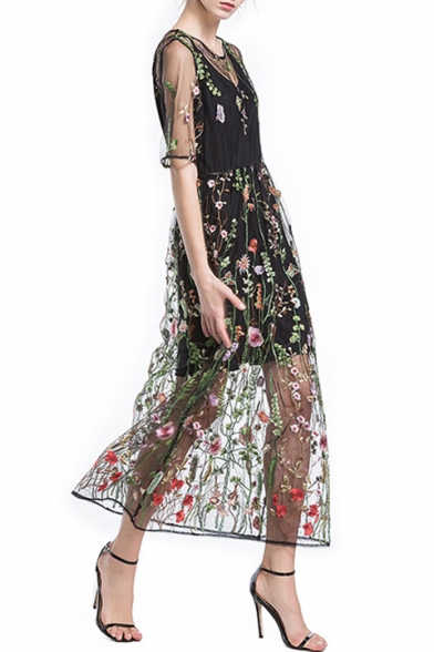 Chic Floral Embroidered Transparent Mesh Half-Sleeved Round Neck Black Maxi A-Line Dress with Liner