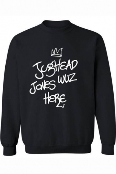 Crown Letter JUGHEAD JONES WOZHERE Print Mock Neck Long Sleeve Black Casual Sweatshirt