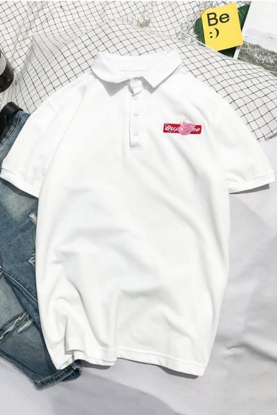Cute Letter Peppa Pig Print Chest Basic Short Sleeve Regular-Fit Polo Shirt