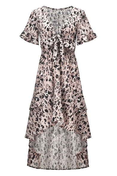 Fashion Leopard Printed Short Sleeve Bow-Tied V Neck Layered Swallowtail Asymmetrical A-Line Dress